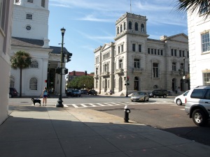 The Four Corners of Law, on the left City Hall ( law of the city), on the right County Courthouse (law of the county), diagonal to the right is the United States Post Office and Courthouse (law of federal) and then across the street to the left St. Michael's Church (law of God).